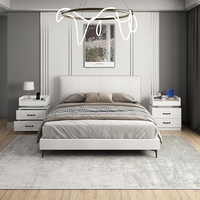 4ever2buy White Nightstand with Charging Station and LED Lights Modern Bedside Table with 2 Drawers End Table for Bedroom - Image 8