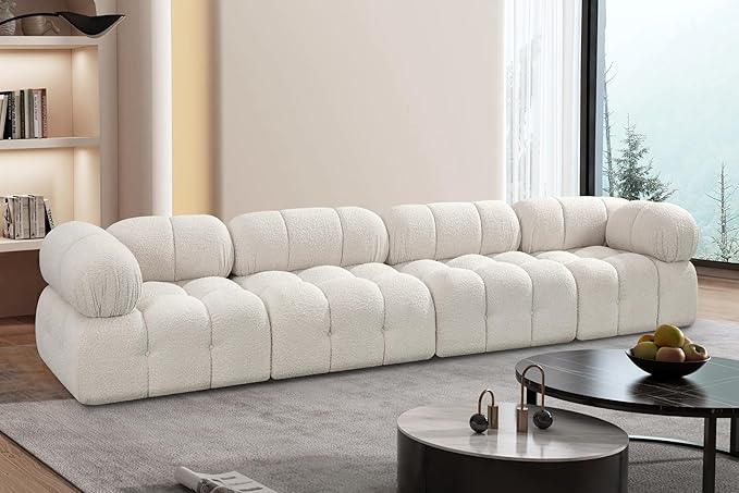 Meridian Furniture 611Cream-S136A Ames Collection Modern | Contemporary Modular Sofa with Rich Cream Boucle Fabric, Modular to Create Infinite Configurations, 136" W x 34" D x 28" H, Cream