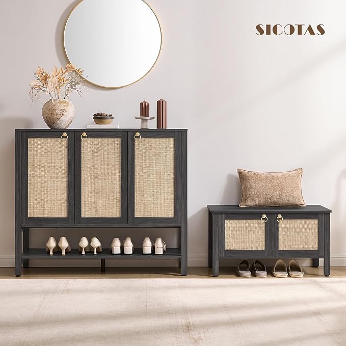 SICOTAS Farmhouse Shoe Cabinet with Storage - 2 Pieces Large Rattan Shoe Organizer with Adjustable Shelves & 3 Doors, Boho Shoe Rack Cabinet for Entryway, Hallway, Living Room (Obsidian) - Image 3