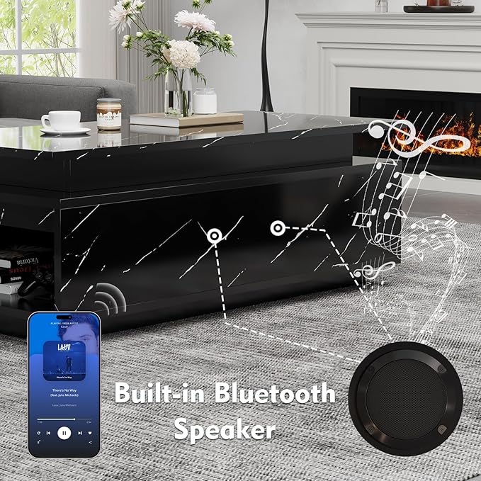 47" Modern LED Coffee Table with Wireless Charging, Bluetooth Speaker, and USB Ports, High Glossy Marble Coffee Table with Large Open 2-Tier Storage and Shelves for Living Room - Black