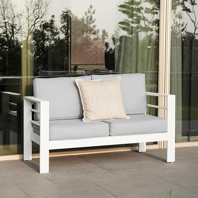 Aluminum Patio Furniture Set, Loveseat Outdoor Set with 5 Inch Cushions, Patio Loveseat Sets with Waterproof Covers for Backyard Garden(White)