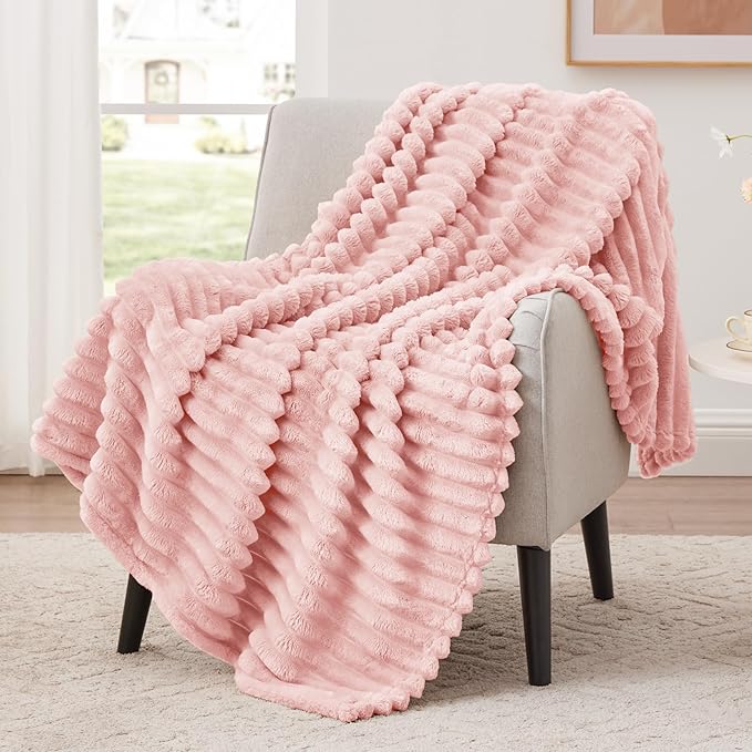 EXQ Home Fleece Blanket Twin Size for Couch or Bed - 3D Stripe Jacquard Decorative Blankets - Cozy Soft Lightweight Fuzzy Flannel Blanket Suitable for All Seasons(60"??80",Pink)