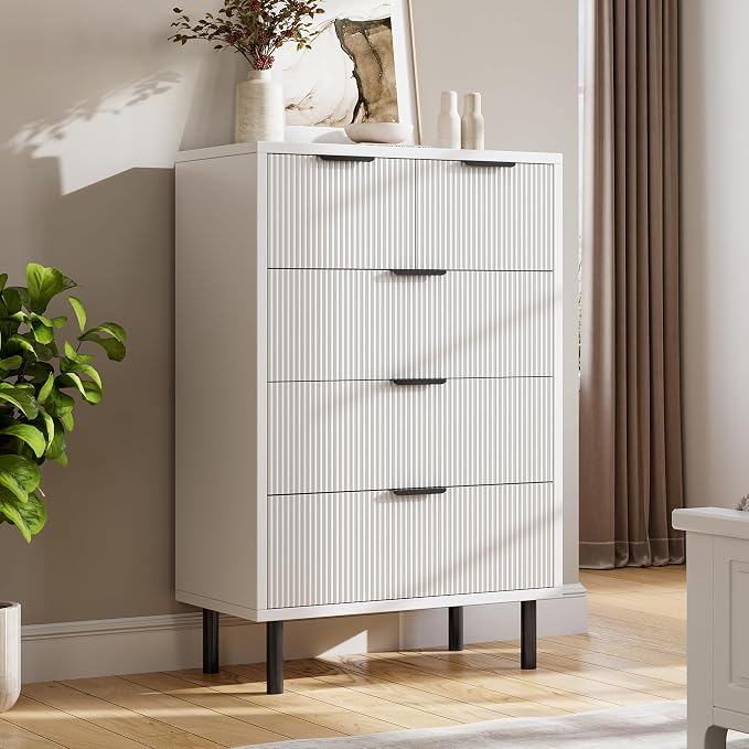 GarveeHome White Wave Fluted 5 Drawer Dresser for Bedroom, Modern Wood Chest of Drawers with Wide Drawers, Closet Dresser Organizer with Anti-Tipping Device and Metal Legs for Hallway Entryway by GarveeHome