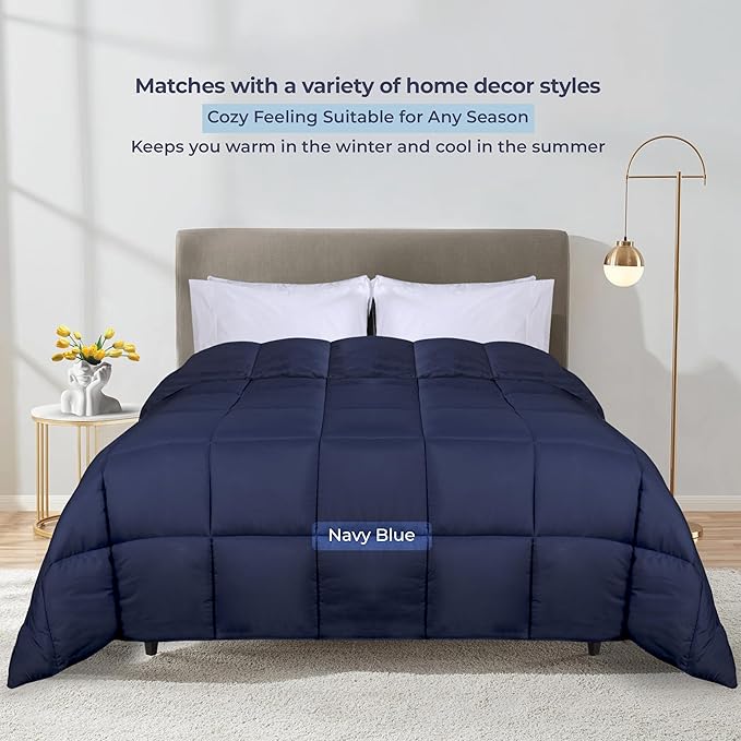 Superior Brushed Microfiber Comforter, Down Alternative Bedding, Medium Weight, Soft Bed Cover, Plush Duvet Insert, Oversized Blanket, Box Quilt, Reversible Comforter, Twin/Twin XL, Navy Blue