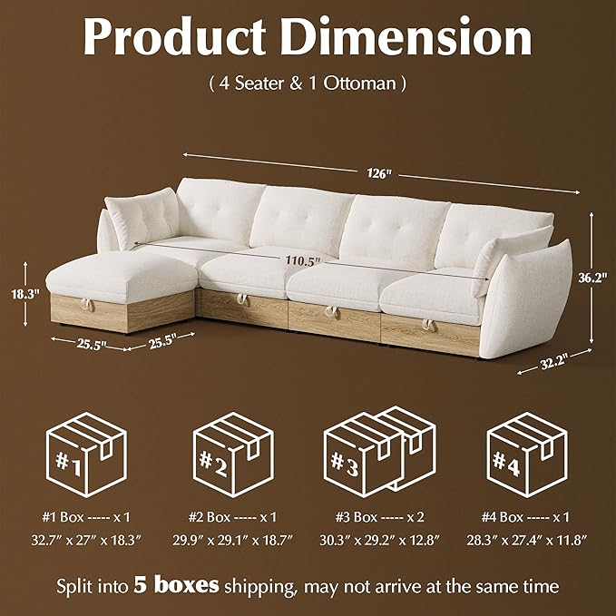 126" L Shaped Cloud Couch Sectional Modular Sofa with Storage, Cotton and Linen Fabrics Modern Oversized Deep Seat Sofa with Armrest Pillow, Easy Assembly for Living Room, Apartment, Ivory