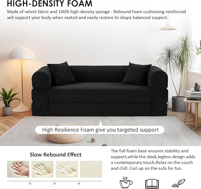80" Convertible Sofa Bed, Corduroy Deep Seat Folding Pull Out Couch with Pillows, No Assembly Modern Boneless Couch Compression Sofa in Box, Floor Sofa with Storage Pocket for Living Room,Black