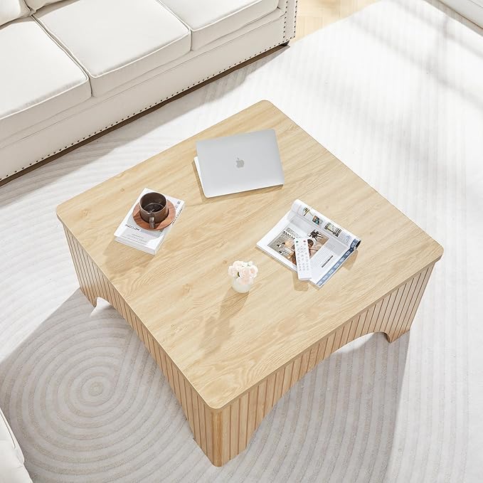 Square Coffee Table, 39'' Large Lift Top Coffee Table with Flip-Top Hidden Compartment Farmhouse Fluted Center Table Wooden Tea Table for Living Room, Apartment, Office (Natural)