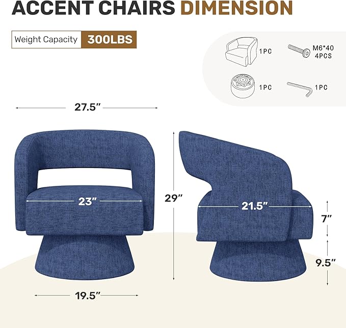 Nebuaegis Swivel Accent Chair, Modern Comfy Chenille Barrel Chairs, Oversized Upholstered Round Arm Chair for Living Room, Bedroom, Reading Room, Blue, 1 PCS