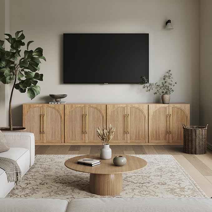 BELLEZE 4-Piece Modular TV Stand Set -Fluted Entertainment Center with Double-Arc Doors,Modern Sideboards with Adjustable Shelves,Classic Media Console Table Cabinet for Living Room (Camel) by BELLEZE