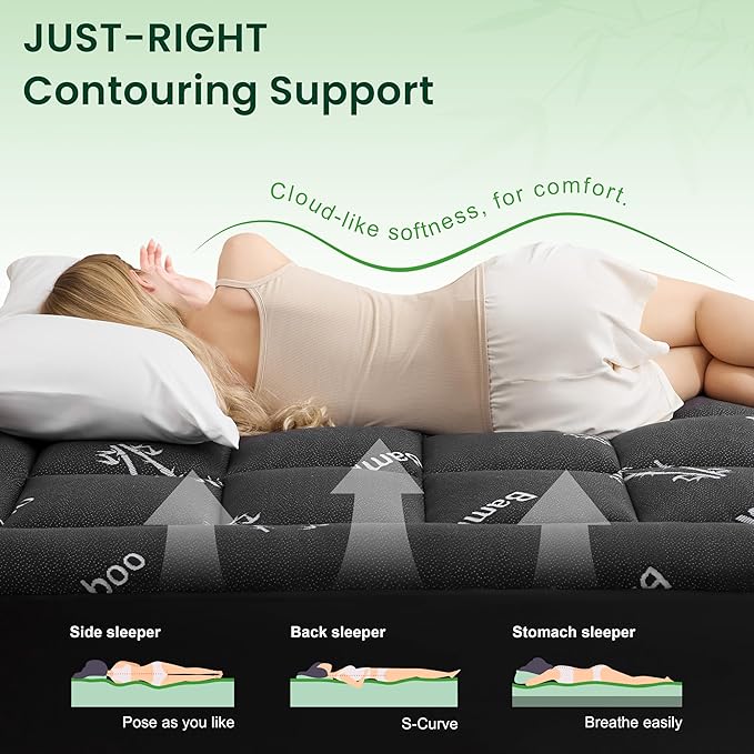 Love's cabin Twin Mattress Topper Viscose Derived from Bamboo, Thick Pillow Top Mattress Pad with Stretchable Pockets for 8"-20" Mattress, Breathable Cooling Mattress Topper for Hot Sleepers, Black