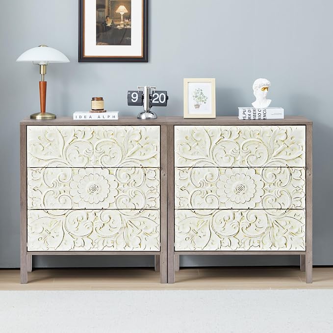 3 Drawer Dresser, Vintage French Chest of Drawers with Storage, Farmhouse Distressed Boho Nightstands Set of 2, Small Wide Dresser for Bedroom Hallway Living Room Entryway (2, Rustic Brown Gray) by WelcometoFurnitureSalon