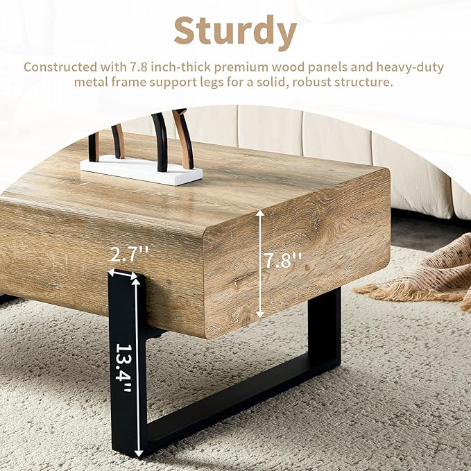 47.24" Rectangle Coffee Table, Wood Coffee Table Center Table with 7.8" Thick Tabletop Metal Legs Rounded Corners for Living Room Office, Natural Wood