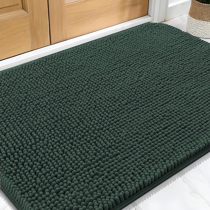 OLANLY Dog Door Mat for Muddy Paws 32x20, Absorbs Moisture and Dirt, Absorbent Non-Slip Washable Doormat, Quick Dry Chenille Mud Mat, Entry Indoor Entryway Carpet for Inside Floor, Blackish Green by OLANLY