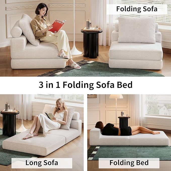 Folding Sofa Bed, 3-in-1 Convertible Sleeper Chair Bed with Pillows, Foldable Floor Couch with High-Density Foam, Futon Small Boneless Couch for Living Room Bedroom Lounge, Single, White