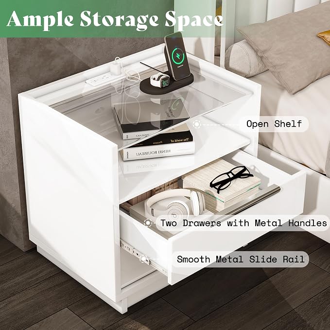 AMERLIFE Nightstand, 23.6" End Table with Charging Station, Modern High Gloss Bedside Table with Glass Top, Spacious Drawers & Open Shelf, Easy Assembly, Bedroom Storage, White - Image 4