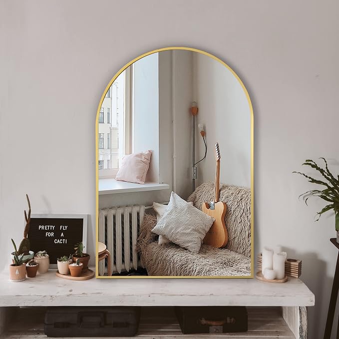 Arched Bathroom Mirror for Wall, 36" x 24" Gold Metal Frame Vanity Mirror, HD Glass Over Sink for Bathroom, Entryway, Bedroom by TRAHOME