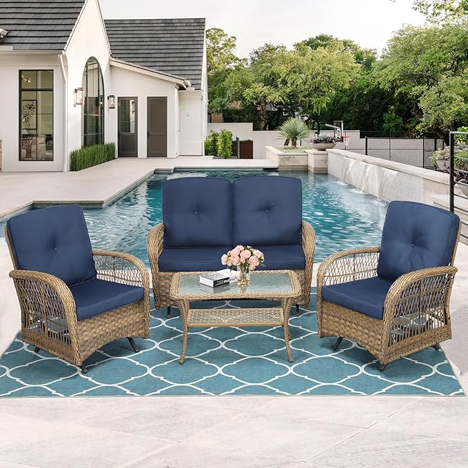 MEETWARM 4 Pieces Outdoor Wicker Patio Conversation Sets with Glider Loveseat, 2 Chairs with Glass-Top Coffee Table Wicker Rocking Glider Set, Wicker Conversation Set w/Thickened Cushions, Navy Blue