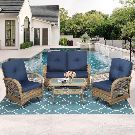 MEETWARM 4 Pieces Outdoor Wicker Patio Conversation Sets with Glider Loveseat, 2 Chairs with Glass-Top Coffee Table Wicker Rocking Glider Set, Wicker Conversation Set w/Thickened Cushions, Navy Blue