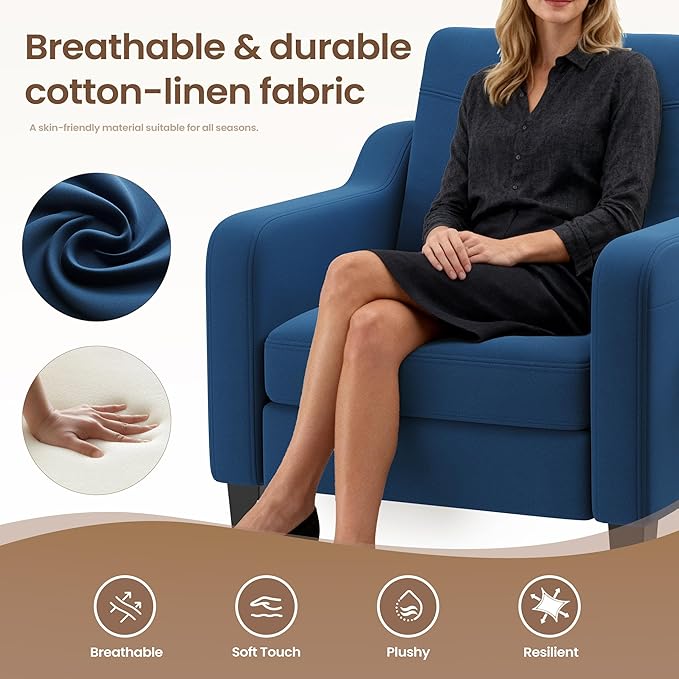 Accent Chair for Living Room Modern Linen Upholstered Armchair Side Wooden Fabric Sofa Chair with Foldable Table 2 Side Pockets Comfy Reading Chair for Bedroom