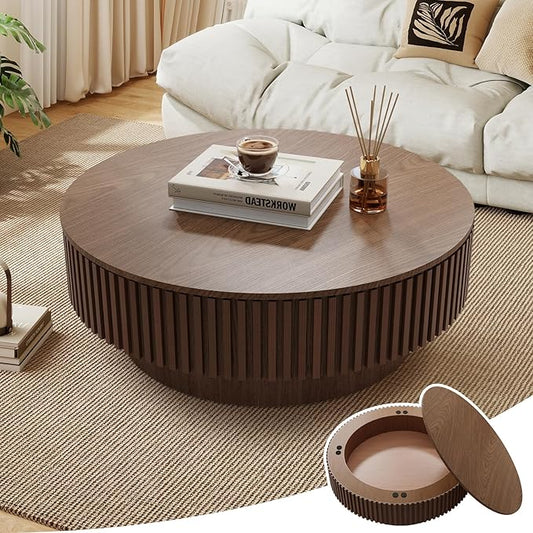 39.37'' Round Coffee Table with Storage, Modern Wooden Fluted Circle Coffee Table Unique Drum Center Table Wood Circular Tea Table for Living Room, Office, Small Apartment, Walnut