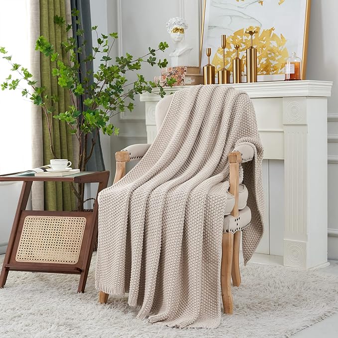 Chunky Cable Knit Throw Blanket Lightweight Beige 100% Organic Cotton Blanket for Sofa Couch Bed Baby Nursery, Rustic Shabby Chic Modern Farmhouse, 60” x 80”