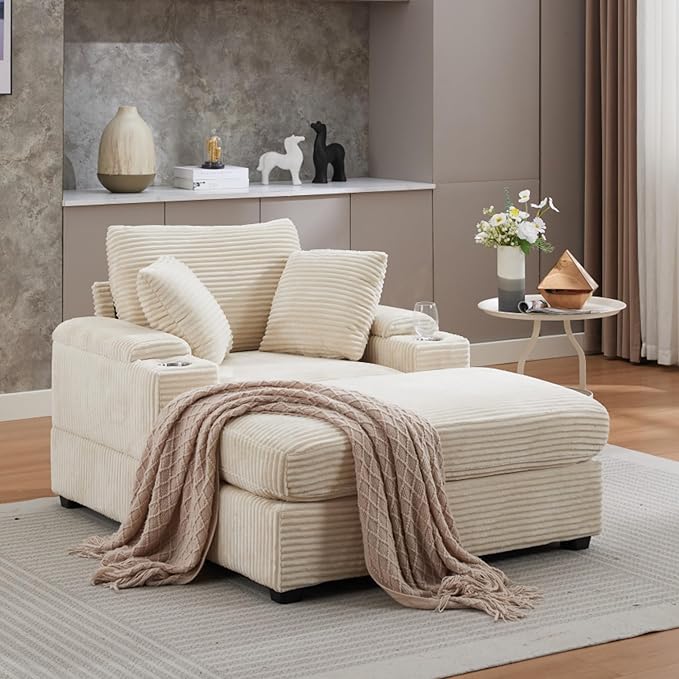 KEIKI Oversized Accent Chair with Ottoman, Chaise Lounge Chair Indoor with Handrail Storage, Cupholders, Oversized Sofa Bed, Deep Seat Sleeper Couch Reading Chairs for Living Room, Beige