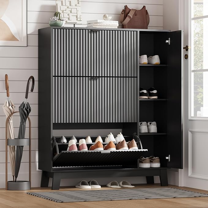 Shoe Cabinet Storage for Entryway with 3 Flip Drawers & Side Cabinet, Fluted Narrow Shoe Organizer with Wooden Leg, Freestanding Shoe Storage Hidden Shoe Rack Organizer for Front Door Entrance, Black by HUANLEGO