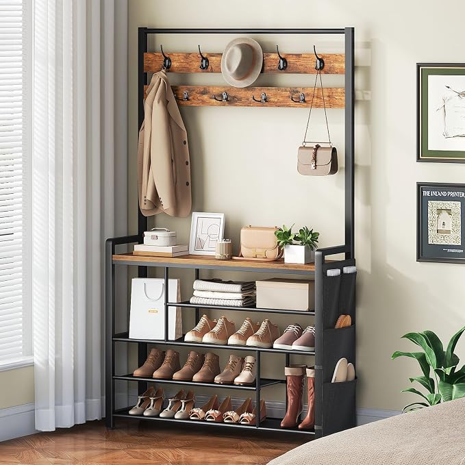 HOOBRO Hall Tree with Bench, Shoe Rack with Coat Rack, 39.4" Coat Rack with Shoe Storage, 5 Tier Shoe Storage Organizer, Oxford Fabric Side Pockets, Coat and Shoe Rack Entryway, Rustic Brown BF46MT01 - Image 3