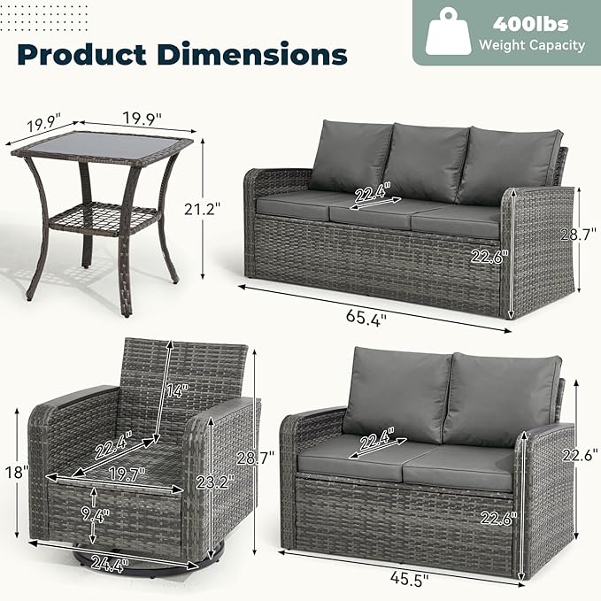 6 Pieces Patio Furniture Sets with Swivel Chairs, Outdoor Furniture Set Sofa Couch for Porch Deck Bistro Lawn Garden Backyard Poolsid- Grey