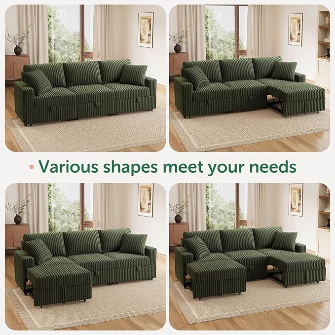 HONBAY 94.5 Inch Sectional Sofa, Modular L & U Shaped Pull Out Couch with Adjustable Backrest & Storage, Velvet Green