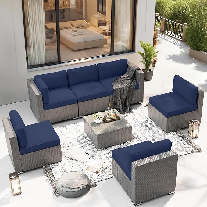 SUNCROWN Outdoor Patio Furniture Set 7 Piece Outdoor Sectional Sofa Grey Wicker Conversation Sofa Set with Coffee Table and Cushions (Dark Blue)