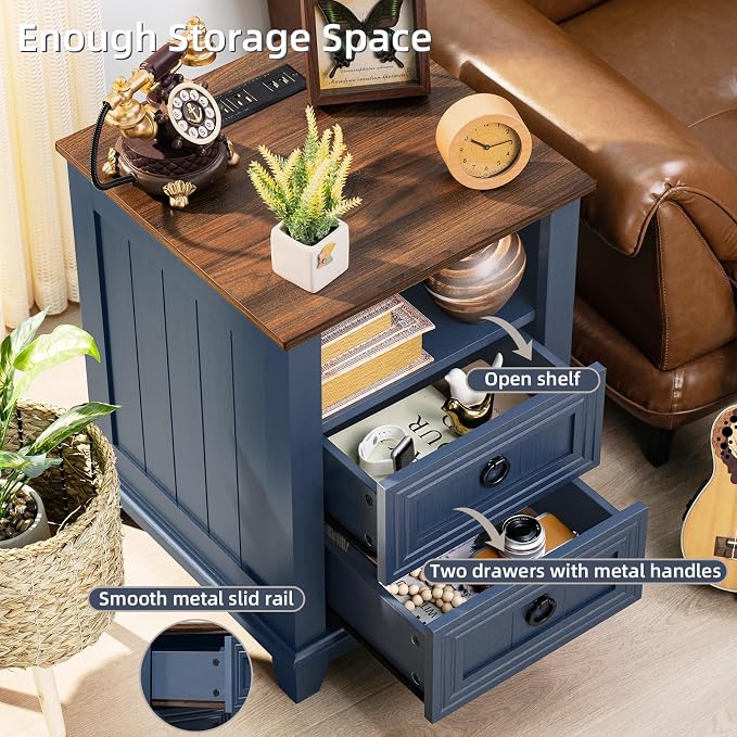 Joaxswe 18" Farmhouse Night Stands Set of 2 with Charging Station, 2 Drawers End Table Dresser for Bedroom, Blue Wooden Nightstand, Bed Side Table with Open Shelf, Bedside Cabinet for Living Room - Image 4