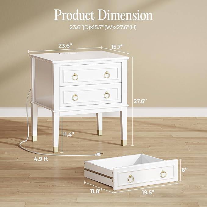 Huuger 27.6 Inch Tall Nightstand with Charging Station, USB-C Port, 2 Drawers Bedside Table, Larger Night Stand with 11.4 Inch Raised Legs, Painted Side Table End Table, for Bedroom, White - Image 2