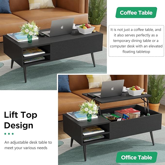 PayLessHere 39" Lift Top Coffee Table with Adjustable Storage and Hidden Compartment Small Wood Coffee Table Center Table for Home Living Room Office Apartment Reception Room,Black