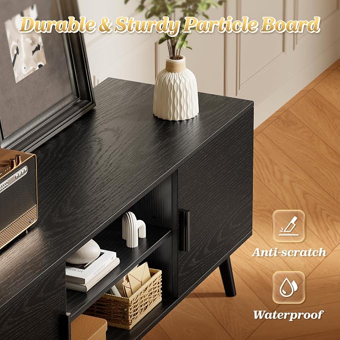 SUPERJARE TV Stand for 55 Inch TV, Entertainment Center with Adjustable Shelf, 2 Cabinets, TV Console Table, Media Console, Solid Wood Feet, Cord Holes, for Living Room, Bedroom, Black - Image 7