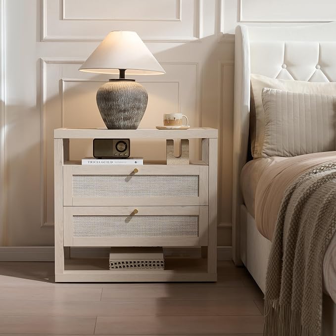 VividVibe Light Oak Night Stand Set 2, Nightstand with Drawers and Storage Shelf - Rattan Boho Bedside Tables Large Nightstands Wooden Bed Side Table, Modern Farmhouse Accent End Table - Image 6