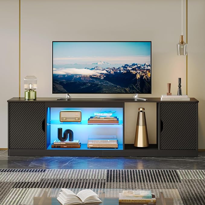 Bestier LED TV Stand with Storage for 65/70/75 Inch TV, Gaming Entertainment Center with Adjustable Glass Shelf for PS5 Xbox, Modern TV Console Table for Living Room, Black Large TV Stand Table - Image 6