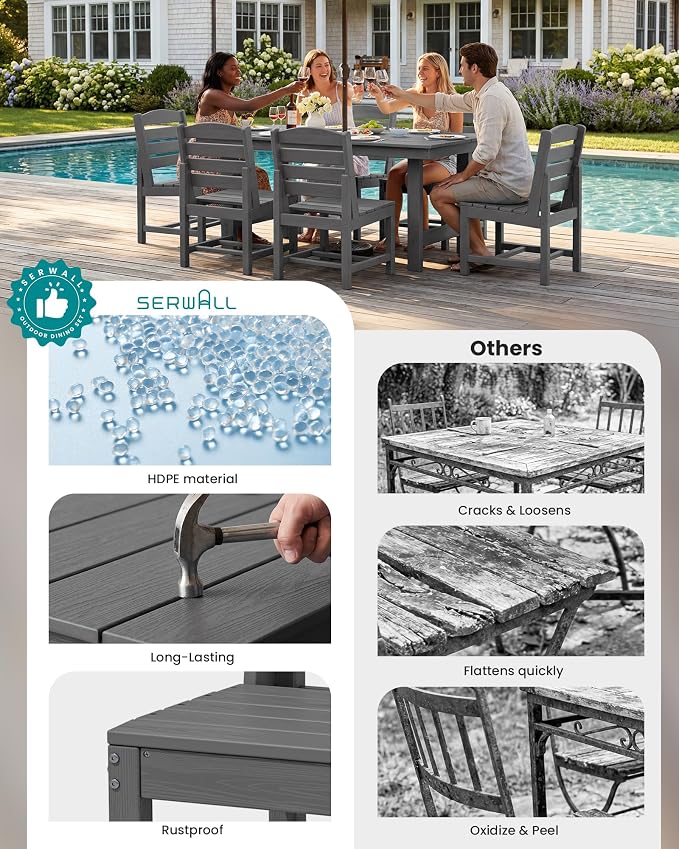 SERWALL Patio Dining Sets for 10 Person, HDPE Dining Set with 2 Tables, 8 Armless Chairs and 2 Armed Dining Chairs, Gray - Image 6