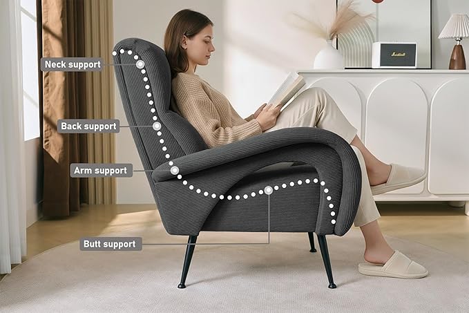 Corduroy Living Room Accent Chairs, Comfy High Back Reading Chair with Curved Arms and Solid Legs, Upholstered Armchair for Bedroom, Reading Nook, Apartment, Dark Grey