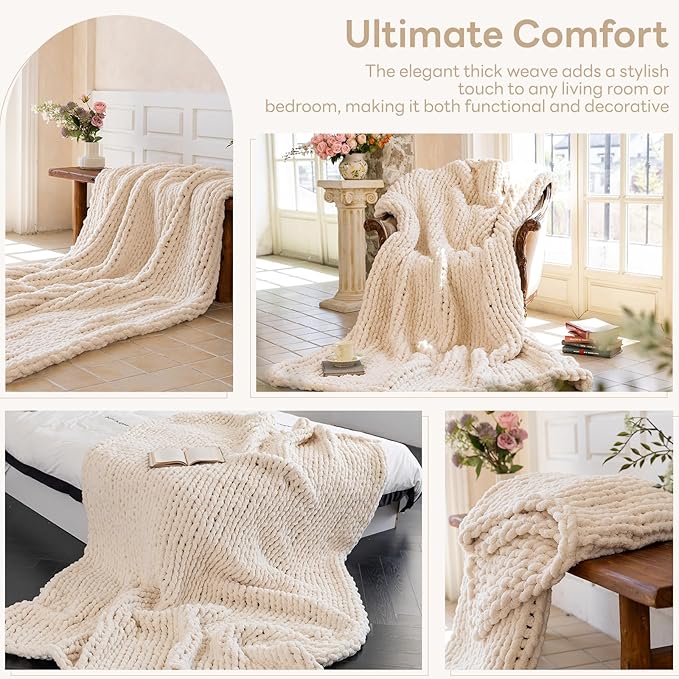 Chunky Knit Blanket - Luxury Soft Cozy 80 * 90 Throw Blanket,100% Woven Blanket Rope Knot Throw Blanket for Couch, Sofa, Home Decor, Gift - Machine Washable (Cream, 80 * 90)