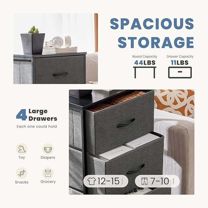 Simple Deluxe 4 Drawer Dresser, Fabric Storage Tower Organizer with Sturdy Steel Frame and Wood Top, Easy Pull Handles, for Bedroom, Entryway, Hallway, Grey