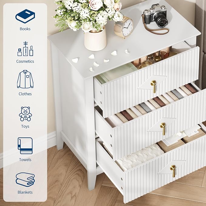 GarveeHome Wood Nightstand Fluted Dresser for Bedroom, 27.5" Wide 3-Drawer Bedside Tables, Modern Chest of Drawers, Storage End Table Living Room, Hallway, Entryway, White - Image 3