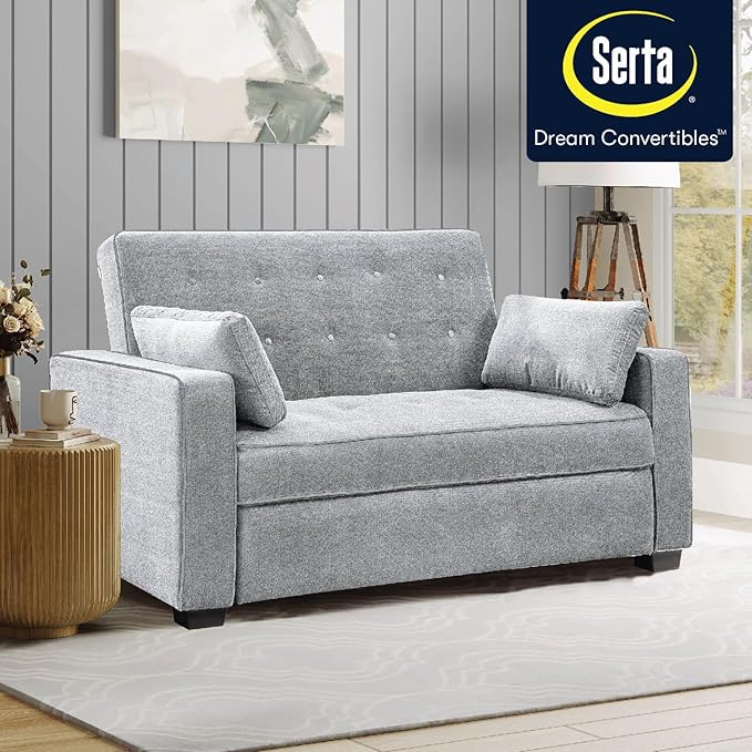 Serta Ainsley 72.6" Convertible Sleeper Sofa, Queen Size, Dreamcoil Comfort, Soft Woven Fabric, Light Grey