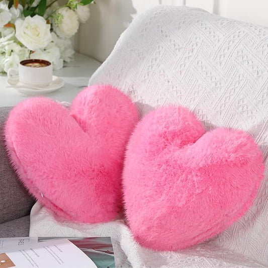 Marsui 2 Pcs Heart Throw Pillows, Soft Fluffy Faux Fur Decorative Hearts Shaped Pillows for Living Room Sofa Bed, Cute Heart Themed Gift for Women(Bright Pink,11.81 x 11.02 Inch)