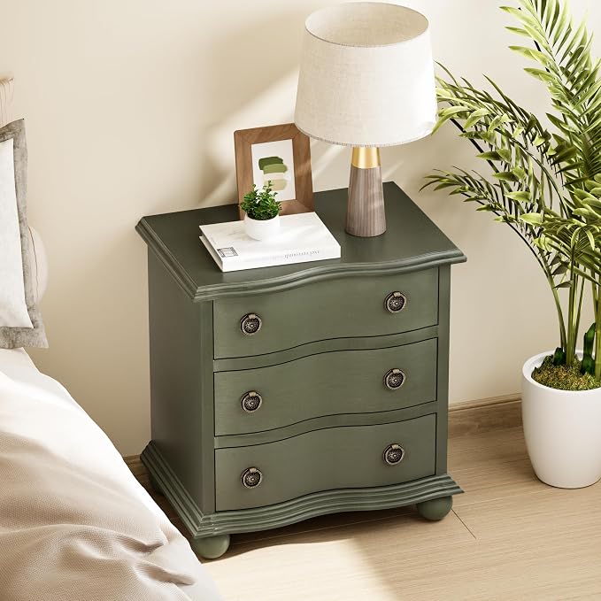 COZAYH Farmhouse 3 Drawer Nightstand with Distressed Wood Finish, Rustic Vintage Small Dresser with Curved Front Design, Solid Pine Base for Bedroom, Almost Fully Assembled, Transitional, Green - Image 5