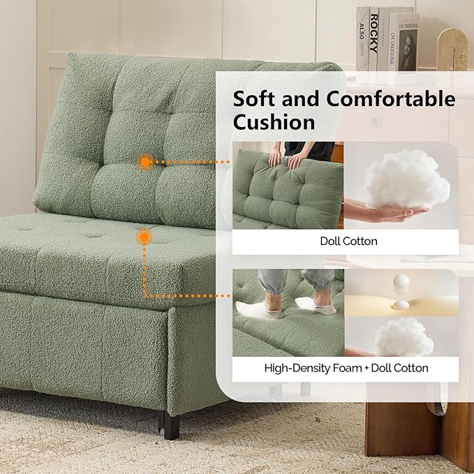 VINGLI Convertible Sofa Bed Tufted Teddy Fleece Sleeper Chair Bed Couch Armless Living Room Chairs with Adjustable Backrest Pull Out Couch Bed for Small Spaces | Armless Sofa Bed