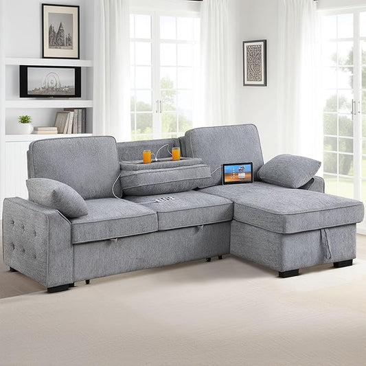 ERYE L-Shaped Pull Out Sleeper Couch Bed, Modern Chenille Upholstered Button Tufted Corner Couch Reversible Sectional Sleeper Sofa Bed W/Storage Chaise, Cup Holders