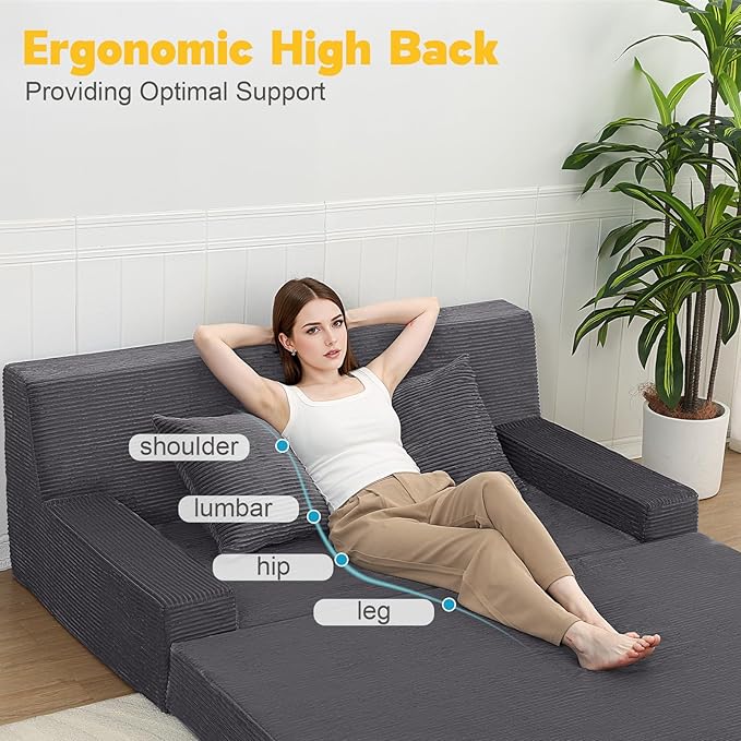 MeMoreCool Folding Futon Couch Queen – Boneless Corduroy Sofa Bed, Convertible Foam Floor Lounger with Pillow & Washable Cover, Foldable Sleeper for Living Room, Bedroom, Guest Space