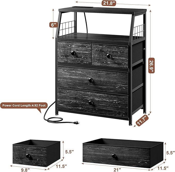 EnHomee Nightstands Set of 2, Bedside Table with Charging Station & LED Lights, End Table with 4 Fabric Drawers, Furniture for Bedroom, Dorm, Closet, Entryway, Wood Top, Black - Image 2