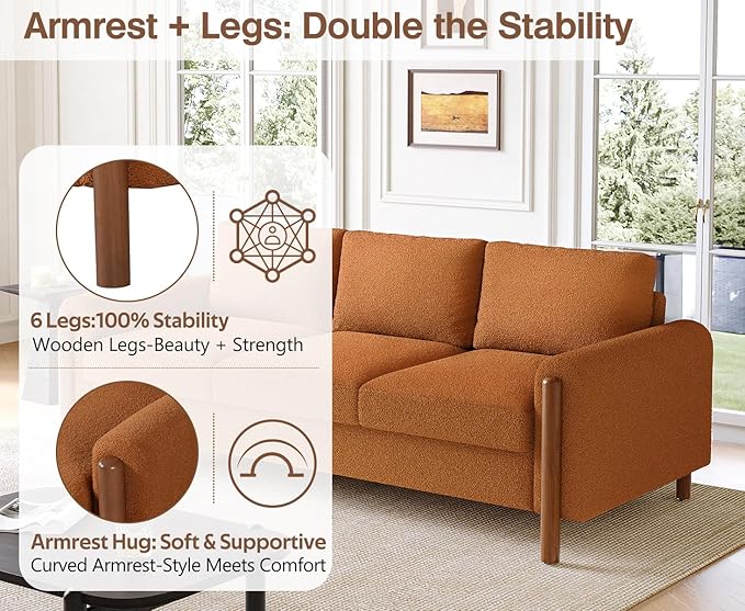 Christopher Knight Home Yadil Teddy Fleece Upholstered 3 Seater Sofa Couch, Wooden Home Sofa Living Room, Comfy Cloud Couch for Bedroom, Home Office, Orange